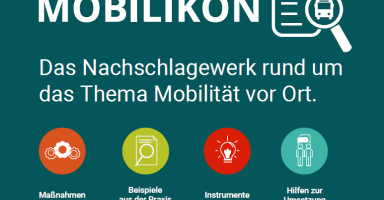 Auf dem Bild sieht man das Symbol des Nachschlagewerks Mobilikon mit der Auflistung Maßnahmen, Beispiele aus der Praxis, Instrumente und Hilfen zur Umsetzung.