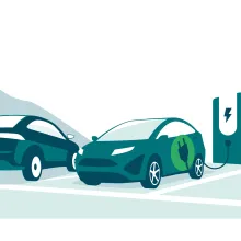 Auf dem Bild sind zwei parkende E-Autos an einer Ladesäule vor einer Hügellandschaft abgebildet. Bei den parkenden Autos handelt es sich um einen E-Carsharing Pool. 